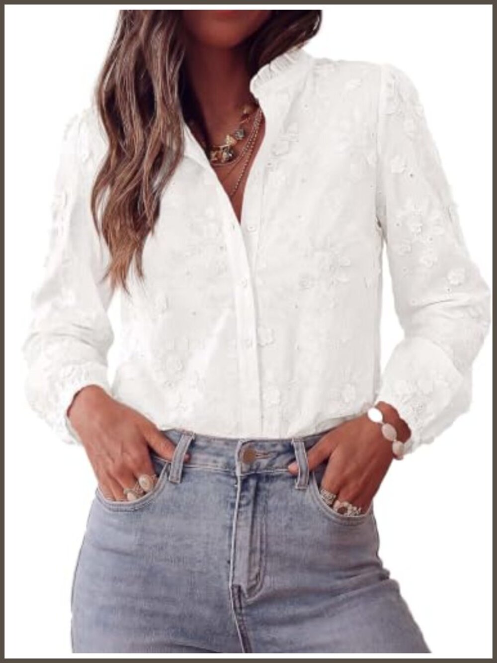 Floral Embroidered Button Down Blouse Ruffle Collar Long Sleeve